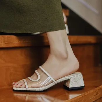 

Womens Peep Toe Chunky Heel Pumps Clear Transparent PVC Pumps Slipper Slingbacks Real Leather Oxfords Shoes 2Colors New M02