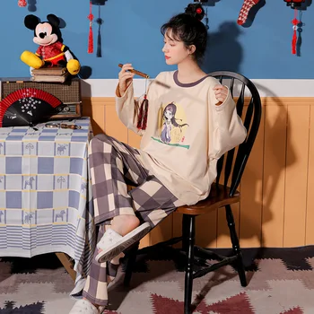 

XIZOU Women's Cartoon Print Pajamas Sets Long Sleeves Autumn Ladies Sweet Cute Loose Sleepwear Nightwear Outfits