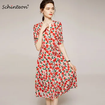 

Schinteon 100% Real Silk Fruit Print Long Dress V-Neck Collar Short Sleeved Elegant A-lined Dresses Women 2020 Summer Vestidos