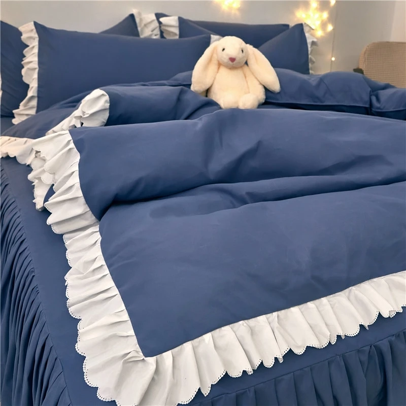 

4pcs Navy Blue Bedding Set White Lace Bed Skirt Soft Solid Color Flat Sheet Princess Bed Cover Quilt Cover King Queen Size