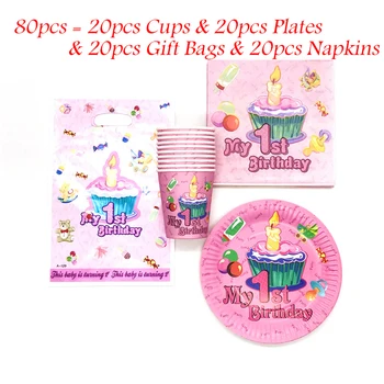 

50/80 pcs Pink My First Birthday Kids Birthday Party Decorations Supplies Candy Gift Bag Plate Cup Napkin Disposable Tableware