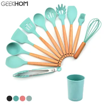 

Silicone Kitchen Tools Set Cooking Utensils Set Tools Spatula Shovel Soup Spoon with Wooden Handle Heat-resistant Easy Clean