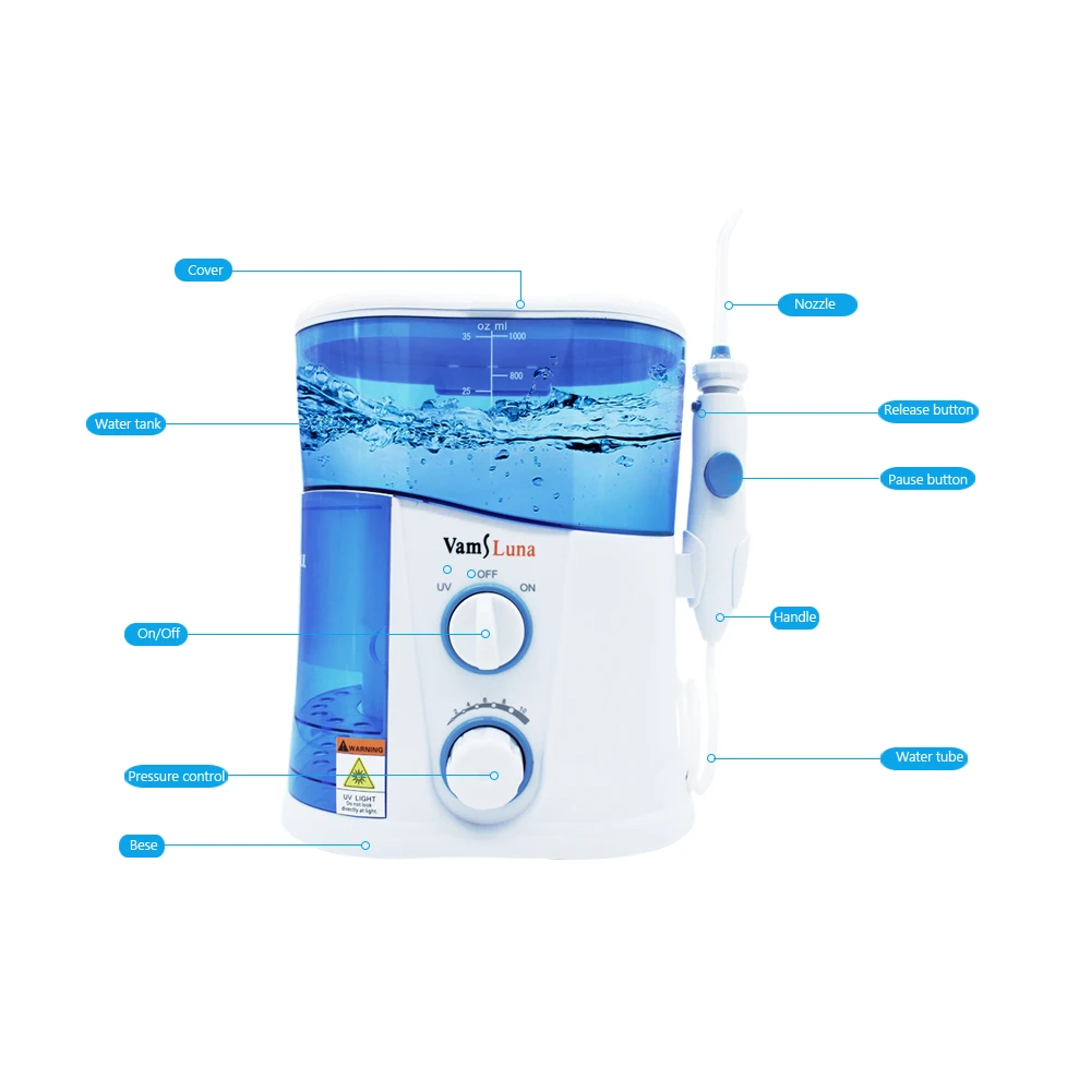 Beste VamsLuna Water Flosser O. twee. O Tandheelkundige Monddouche Spa Met 1000ML Tank En UV Desinfectie Voor 7 Nozzles Met Spanje Handleiding