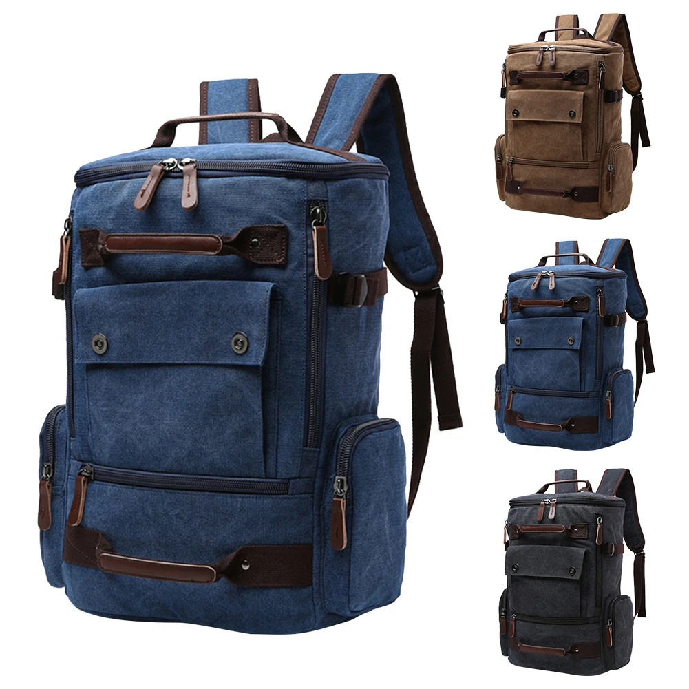 

Men Canvas Large Capacity Zipper Closure Solid Camping Top Handle Backpack Multi Pocket Laptop With Button Casual School Bag