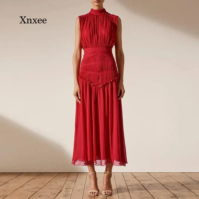 

Женское винтажное платье-миди с воротником-стойкой, облегающее шифоновое платье-миди без рукавов с рюшами и высокой талией, модная новинка 2021 года