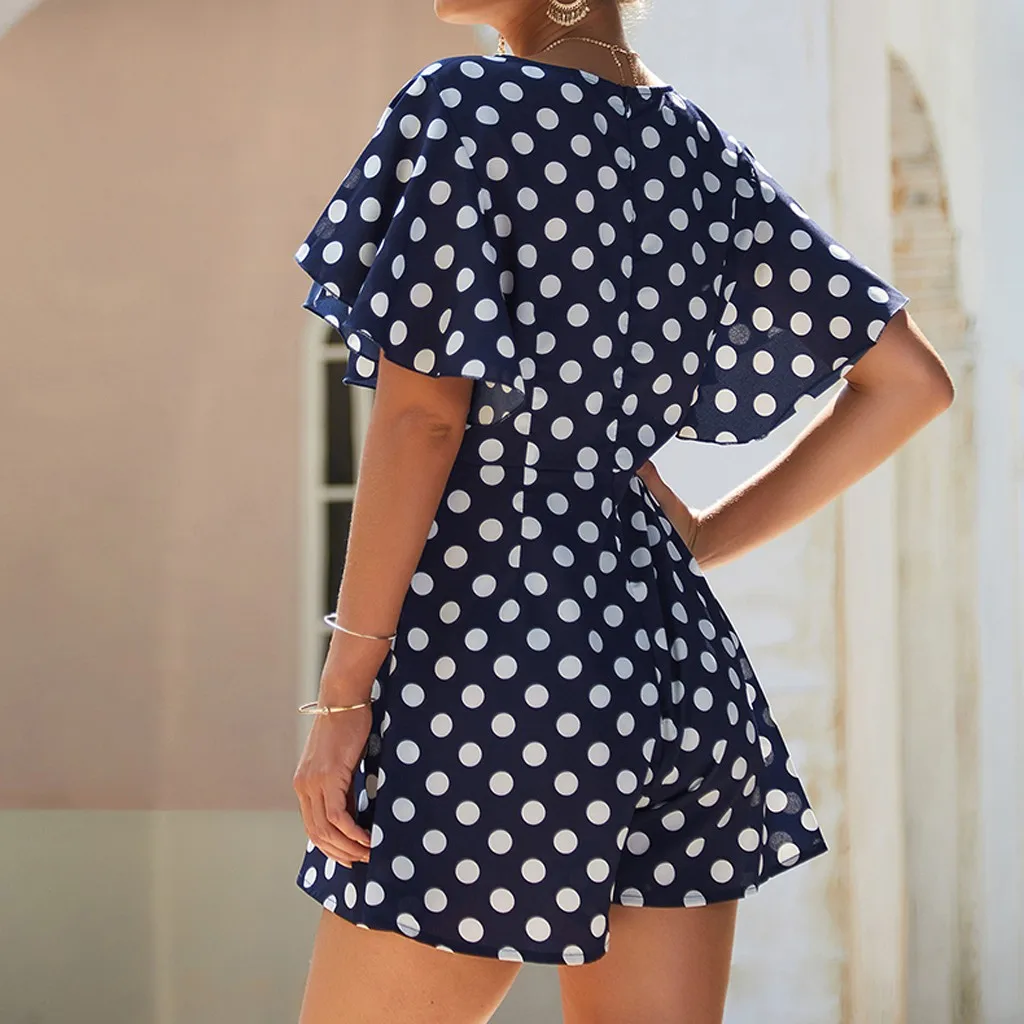 30# Женские винтажные платья в горошек модные сексуальные Волнистые Короткие рукава с v-образным вырезом в винтажном стиле короткий комбинезон