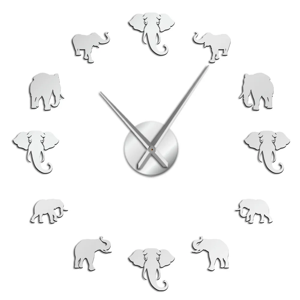 Большие настенные часы джунгли Животные Слон DIY домашний Декор современный дизайн зеркальный эффект гигантские бескаркасные Слоны DIY часы - Цвет: Серебристый