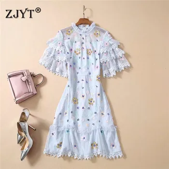 

2020 Designer Summer Style Runway Dress High Quality Women Fashion Short Sleeve Ruffled Luxury Sequined Tulle Sexy Party Dress