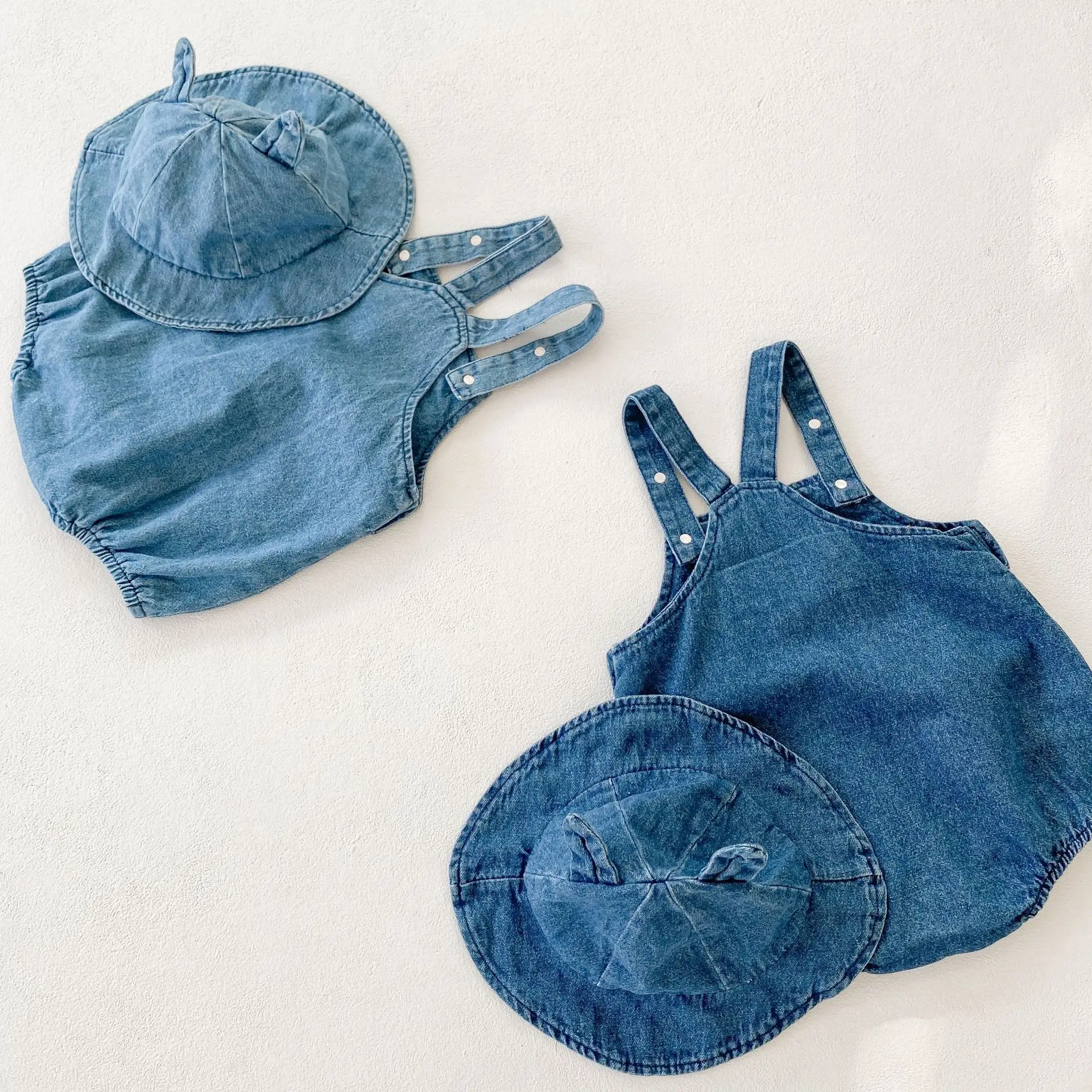 2022 summer New kids clothes baby girls and baby boy denim suspender romper + sun hat 0-2 years old cotton jumpsuit baby bodysuit dress