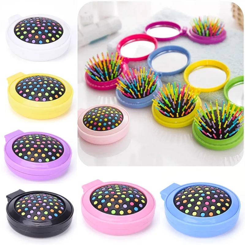 Round Travel Hair Brush With Mirror Girls Portable Mini Folding Comb Airbag Massage