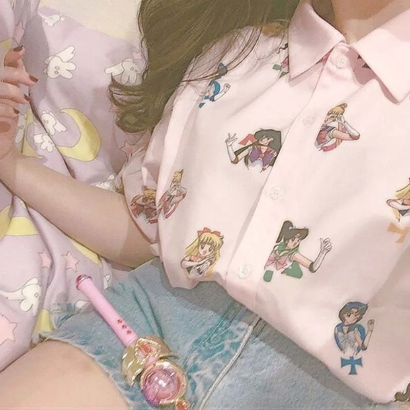 Sailor Moon/розовые футболки с короткими рукавами Harajuku футболка женская одежда маскарадный милый каваи топы с отложным воротником мультяшная футболка