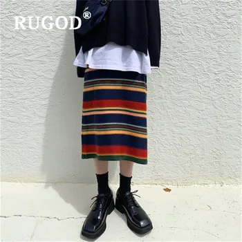

RUGOD 2019 New Women Rainbow Striped Knitted Sweater Skirt High Waist Straight Elastic Skirt Korean Casual Autumn Winter Skirt