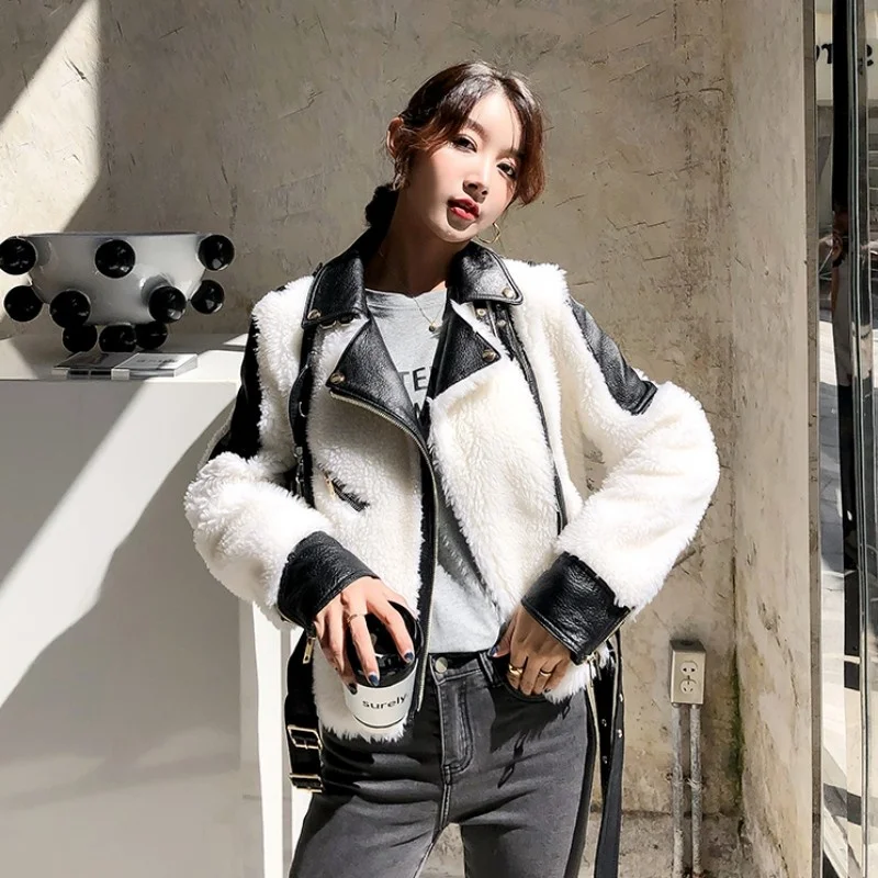 

Women Luxury Real Fur Jacket Warm Motor Biker Natural Wool Coat Ladies Winter Belted Slim Fit Short Overcoat High Quality Jacket