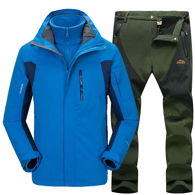 Плотный теплый лыжный костюм для мужчин, водонепроницаемая ветрозащитная Лыжная и Сноубордическая куртка, брюки, комплекты для улицы, для снега, кемпинга, походов, куртка, комплект - Цвет: Blue     Army green