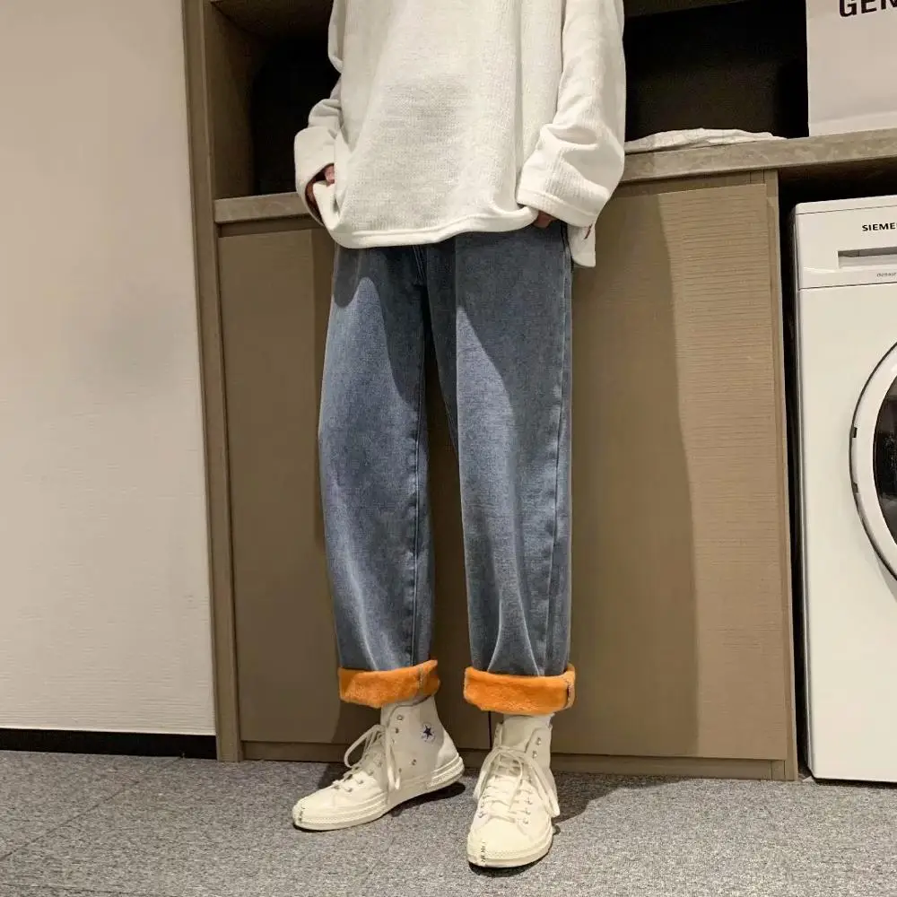 Джинсы мужские плюшевые утепленные повседневные брюки из денима для молодежи