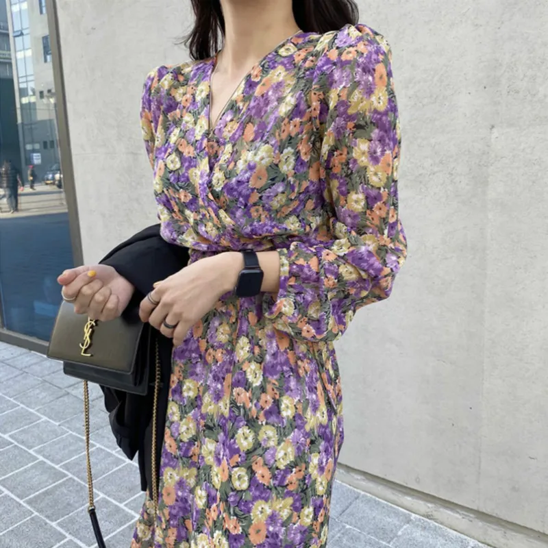 Tonglord Elegant Spring Summer Dress for Women Chic V-neck Floral High Waist Vintage Female ChiffonDress 2020 Vestidos Femme