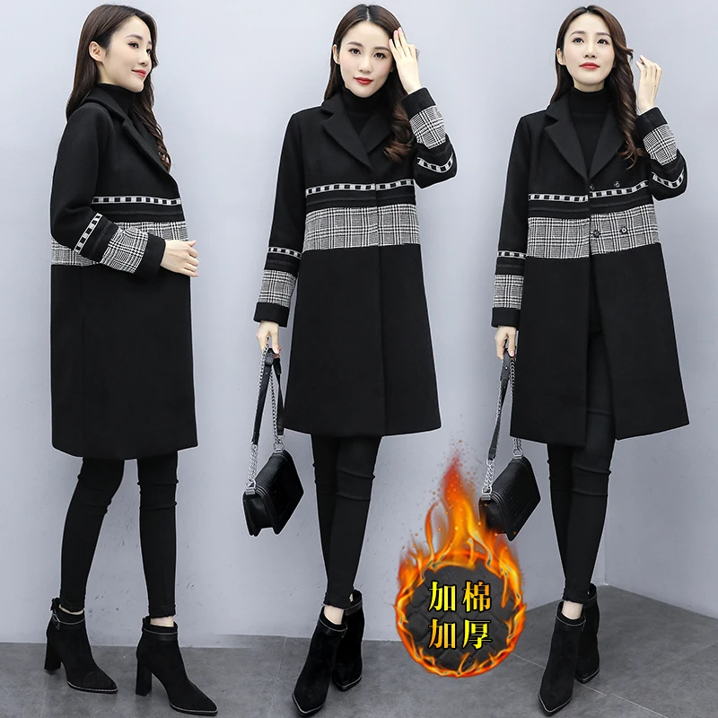 Модное толстое шерстяное пальто дикое средней длины осень и зима новое корейское женское клетчатое сшитое прямое шерстяное пальто