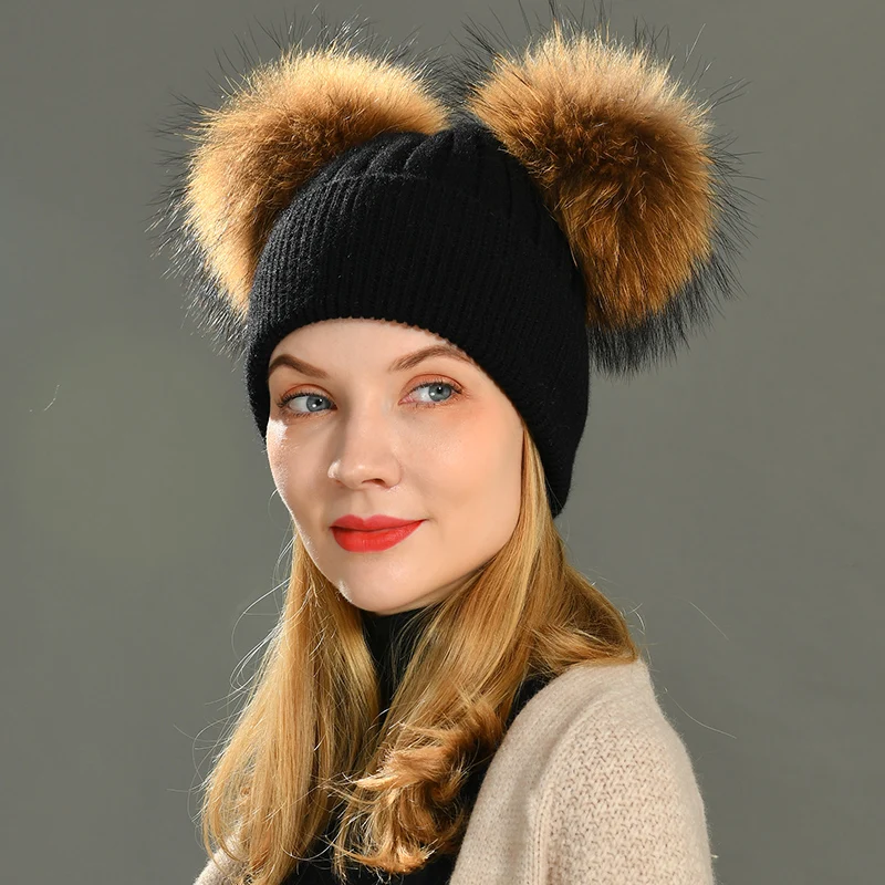 Removable Fur Ball Knitted Beanie Cap 