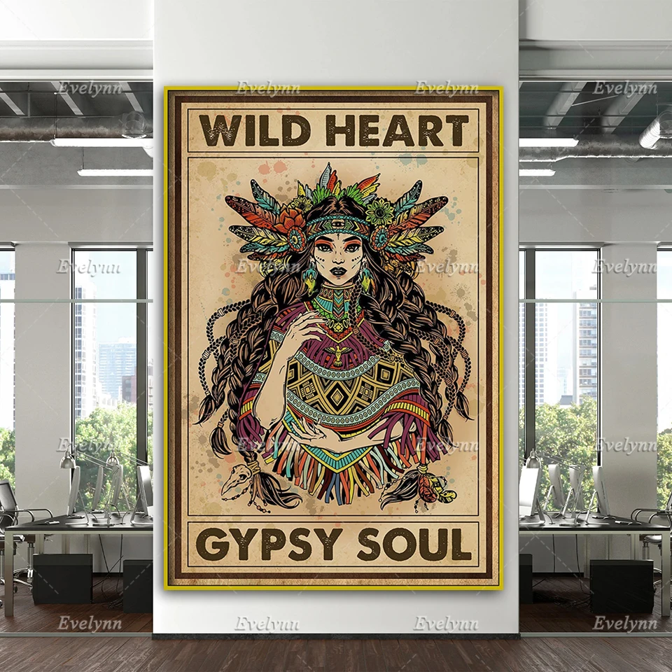 Wild Heart Gypsy Soul Vintage Poster,Hippie Bohemian Gift, Hippie Girl Print, Car Poster, Home Decor Canvas Wall Art
