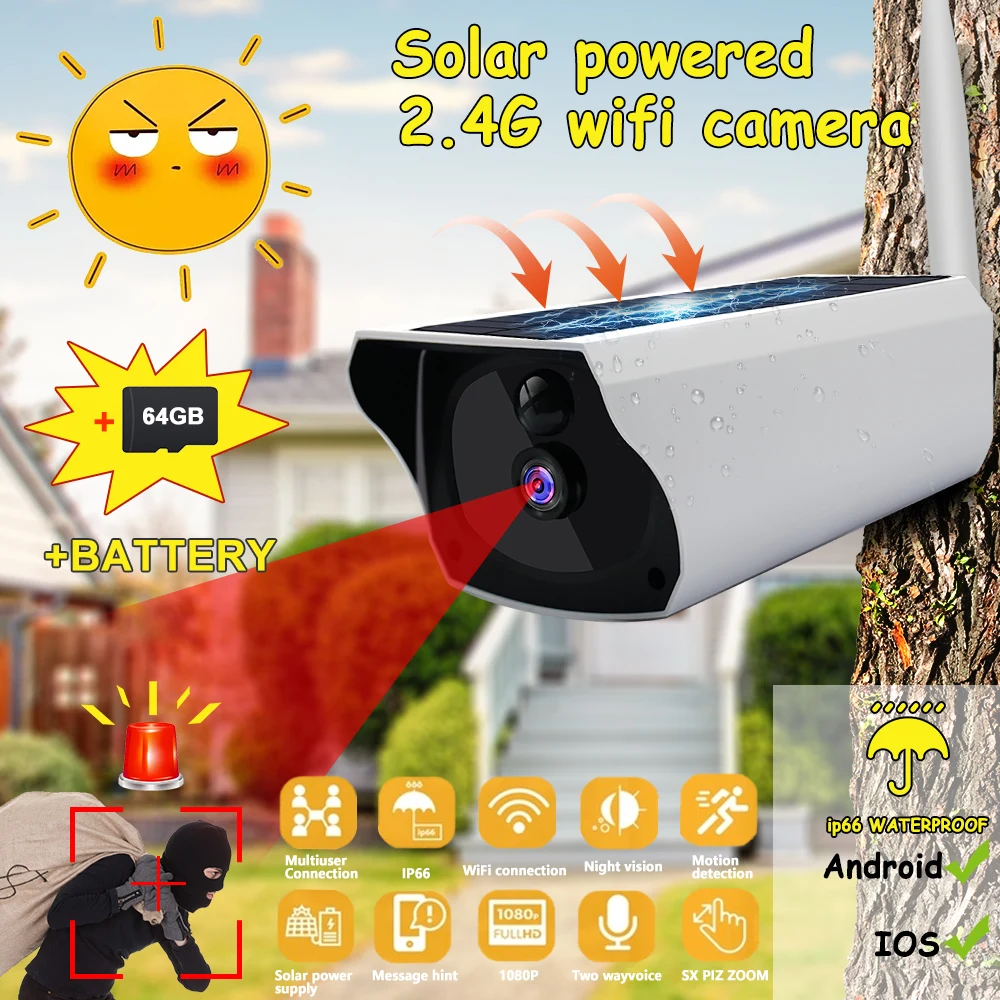 

1080P Solar Wifi Wireless IP Camera Home Security Surveillance Waterproof Outdoor Solar Camera IR Night Vision Two Way Audio Cam