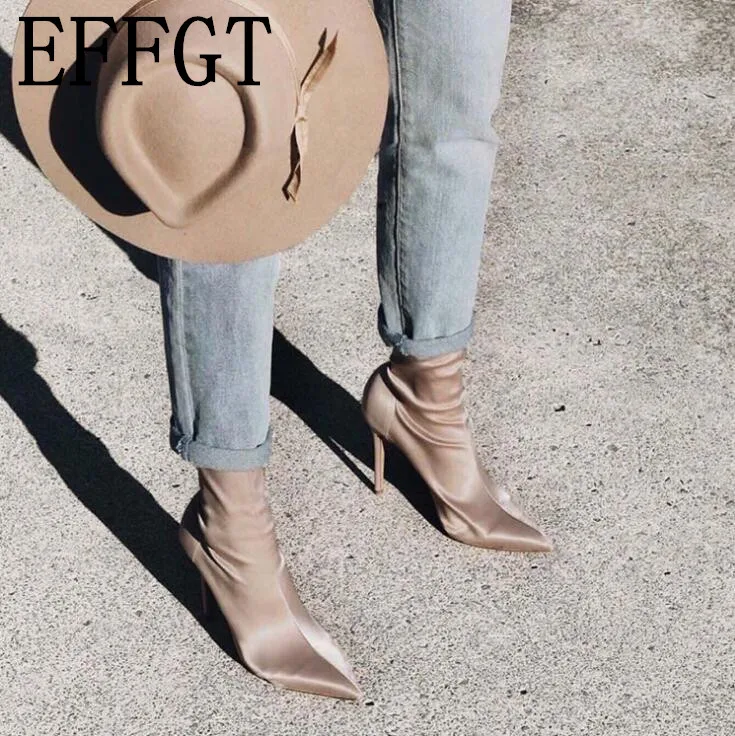 

EFFGT Ankle Boots Women Pumps Stiletto Botas Women Sock Boots Pointed Toe Elastic High Boots Slip On High Heel Martin boots A240