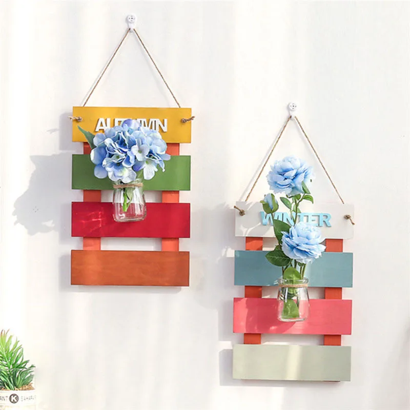 

Four Seasons Wooden Board Hanging Planters Wall-Mounted Glass Vases Colorful Ladder Single Bottle For Plants Garden Decoration