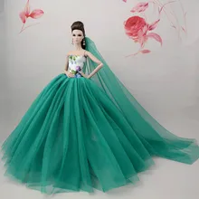 Зеленый китайский цветок кукла платье для куклы Барби длинный хвост вечернее платье одежда свадебное платье+ вуаль 1:6 кукла аксессуары подарок