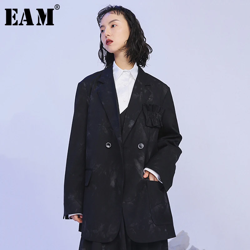 

[EAM] Loose Fit Pattern Print Split Big Size Temperament Jacket New Lapel Long Sleeve Women Coat Fashion Tide Spring 2020 1N395
