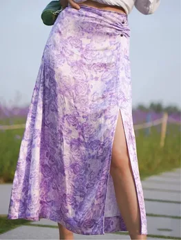 

Purple Rose Print Womens Midi Skirt High Waist Lady Slim Holiday Split Pleated Long Skirts 2020 New