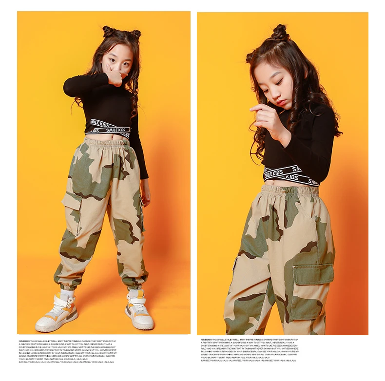 Hip Hop Dance Costumes Crop Cross Top Coat Camouflage Pants Girls Jazz Clothing Children Street Dancing Stage Performance Wear (10)