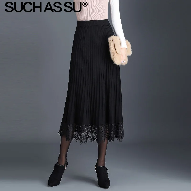 Новая Вязаная Женская юбка черная серая кофейная Осенняя зимняя кружевная Лоскутная длинная юбка эластичная Повседневная Женская юбка с высокой талией