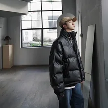 J837 осень и зима стиль из искусственной кожи плотный пуховик свободный и большой размер воротник-стойка кожа хлопок-padde