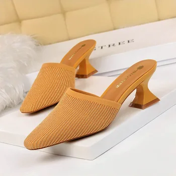 

New Korean Fashion Daily Lazy Slippers Thick Heel High Heel Wool Hollow Square Head Simple All-match Women's Slippers