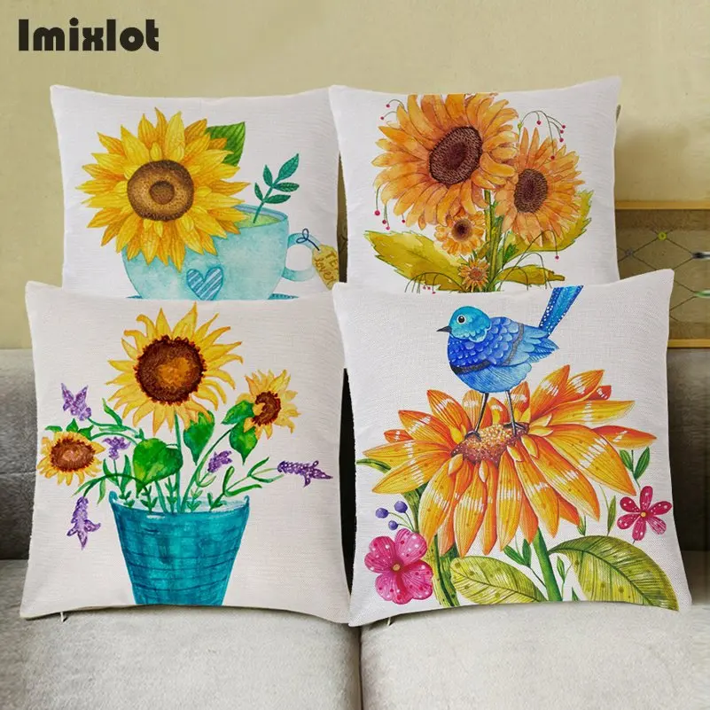Fashion Cotton Linen Flower Pattern Throw Pillow Case Sunflower Cushion Covers for Home Sofa Chair Decorative Pillowcases Q0490