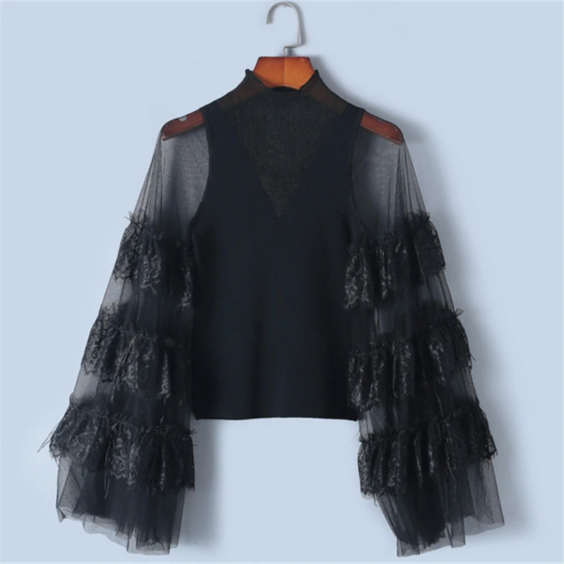 

Tunjuefs Sexy See-Through Mesh Sweater Women Pullovers Feather Patchwork Knit Top 2019 New Spring Lolita Slim Lace Jumper Runway