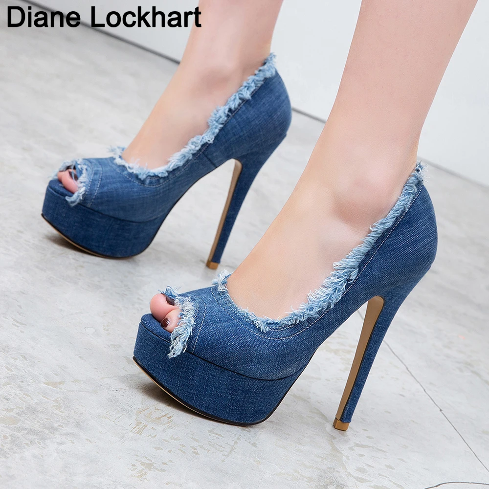 Outfit Open Toe Heels With Jeans Women Denim High Heels Party