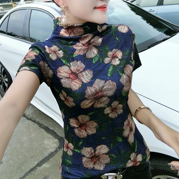 

2020 New Spring Summer European Clothes T-shirt Fashion Print Flower Women Pleuche Tops Ropa Mujer Bottoming Shirt Tees T02308