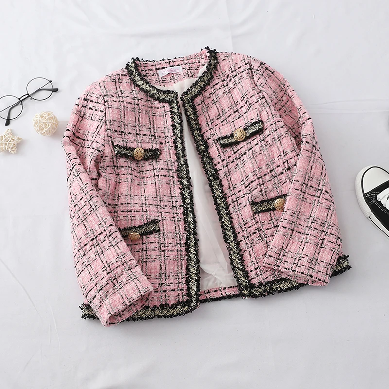 

2019 Women Fashion Coat Autumn Winter Thin Pink Checkered Tweed Jacket Female Retro Sweet Casual Plaid Outerwear