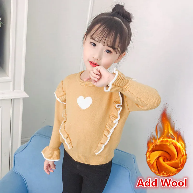 

Warm Kids Girls Orange Sweater Cashmere Ruffle Long Sleeve Wool Sweaters for Children Winter Clothing Girls Heart Pattern Knit