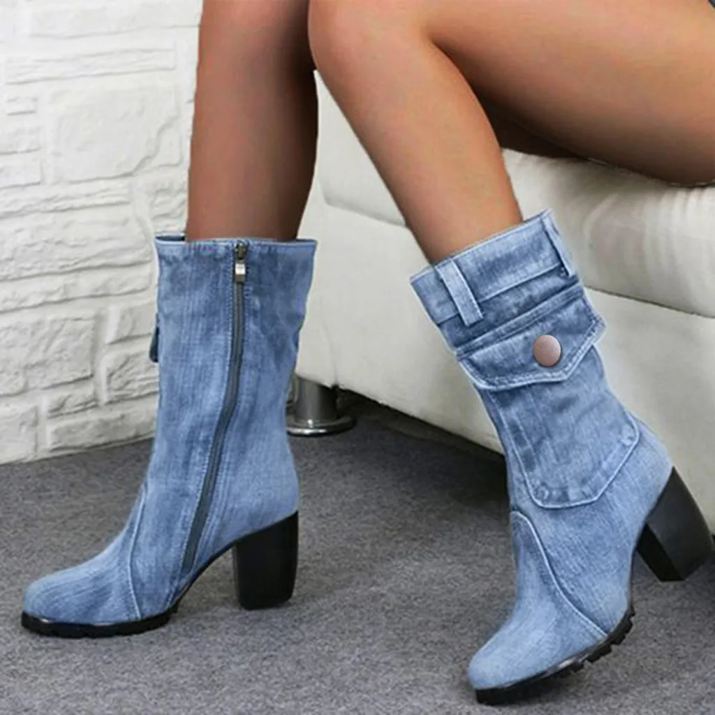

Sexy Jean Boots Women's AnkleTube Short Boot Winter Mid Heel Denim Boot 2019 Lady Stylish Jeans Boots Zipper Shoes Cowboy