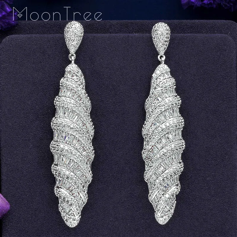 MoonTree 77 мм класса люкс в форме капли с микро проложить кубический циркон серебряный Цвет Дубай Свадебные Медь бижутерия; серьги-подвески кулоны