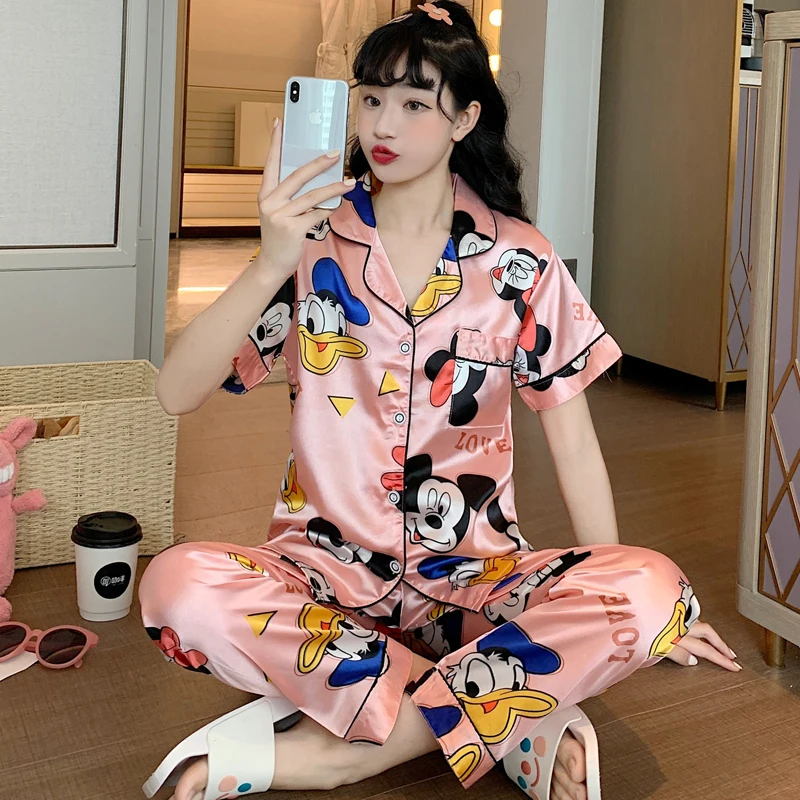 Disney Cute Silk Pajamas for Women Fall Home Suit Mickey Mouse Pyjamas Pj Set Satin Nightwear Sleepwear 2021 Pijama Verano Mujer