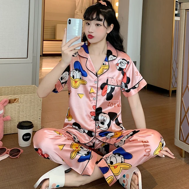 Disney Cute Silk Pajamas for Women Fall Home Suit Mickey Mouse Pyjamas Pj Set Satin Nightwear Sleepwear 2021 Pijama Verano Mujer 5339 Pink