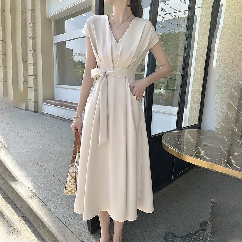 Women Summer Elegant V Neck Long Beige Dress Sashes 2021 New Hepburn