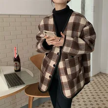 

Retro Chic Plaid Woolen Jacket Women's Autumn Winter 2021 New Thick Warm Outer Long-sleeved Casual Jacket Korean Fashion Tops
