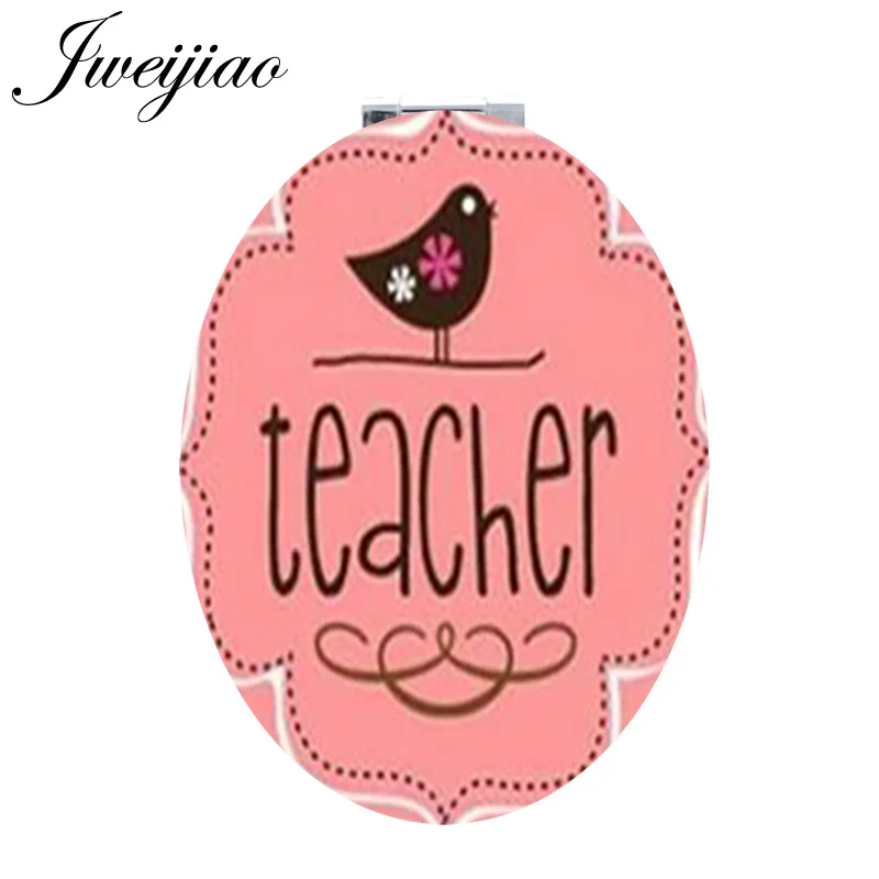 

JWEIJIAO 2019 happy teacher's day Double diy Sides Oval Beauty Compact moive mirror brid apple first grade teacher Mirrors CT684