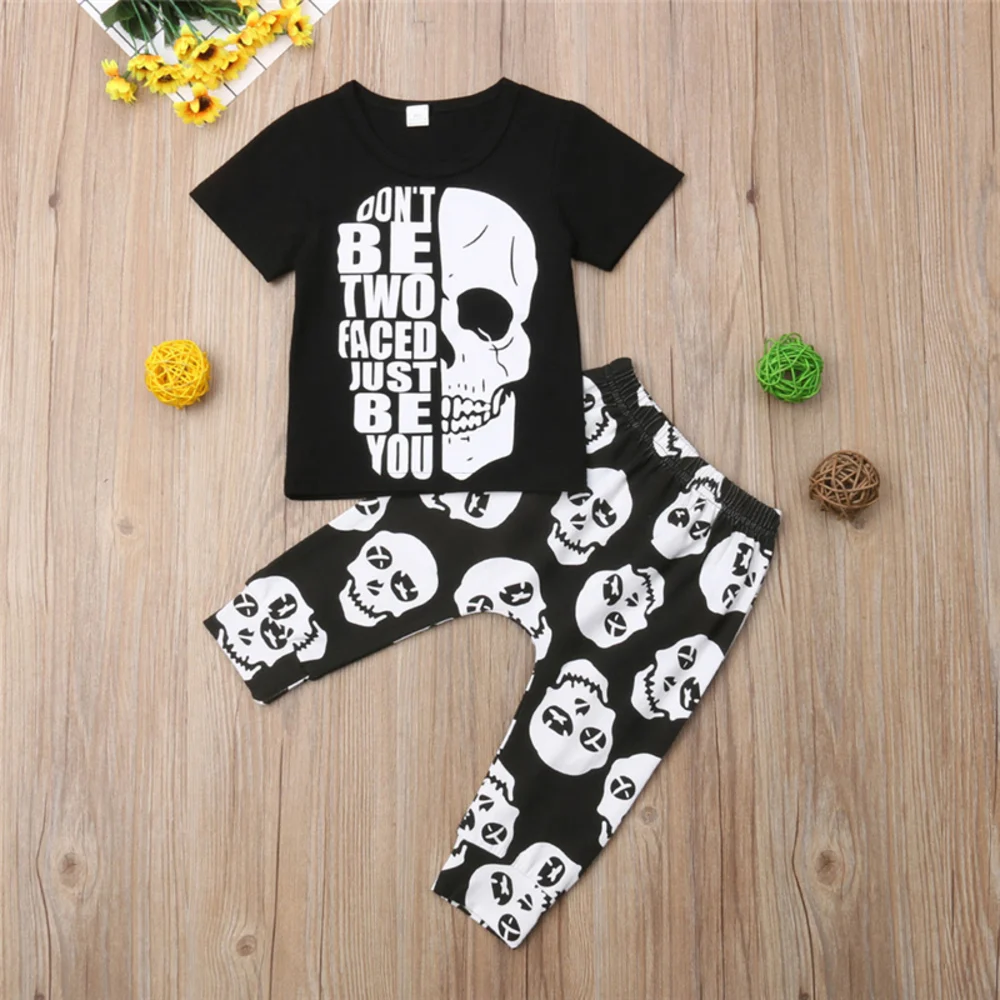 

Skull Print Baby Boy Cotton Cool Clothes Set Short Sleeve T-shirt Pants 2pcs 1-6y Hot 2019 Summer Children Kids Boys Fashion Set