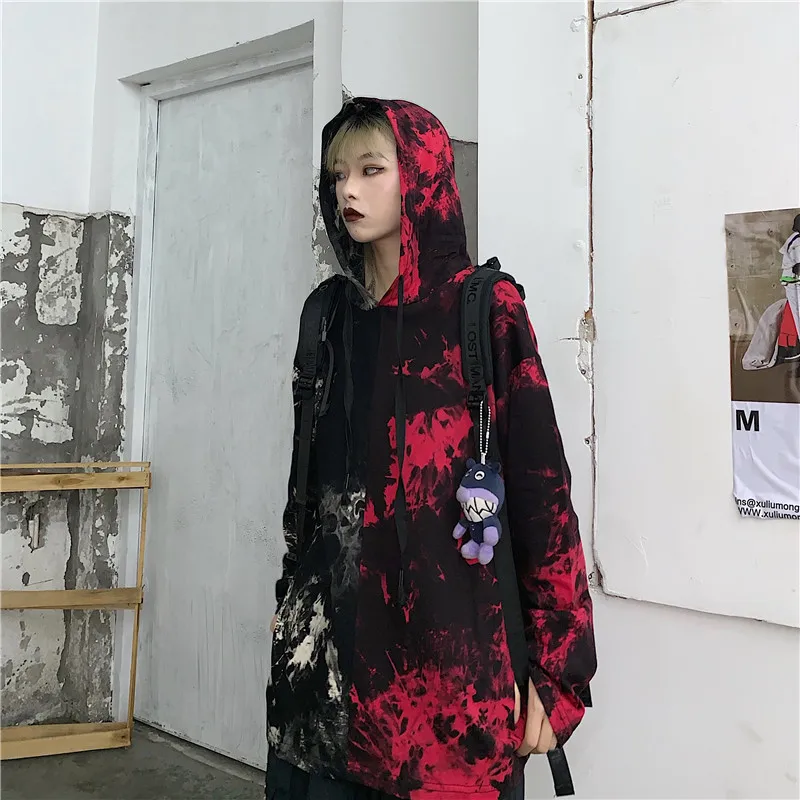 Толстовка женская новая хип-хоп мода tie-dye сшивание половина красный половина белый красивый дикий пуловер женский свободный длинный рукав