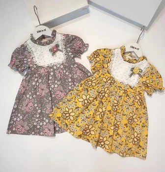 

6354 Flowers Print Lace Embroidery Princess Baby Girl Dress New Summer Party Kid Dress For Girl Wholesale Children Child Clothes