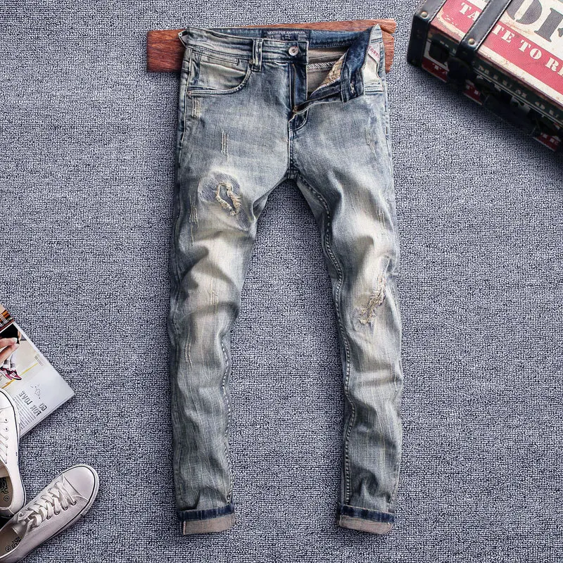 

Italian Style Fashion Men Jeans Retro Washed Slim Fit Destroyed Vintage Ripped Jeans Men Streetwear Hip Hop Designer Jeans Homme